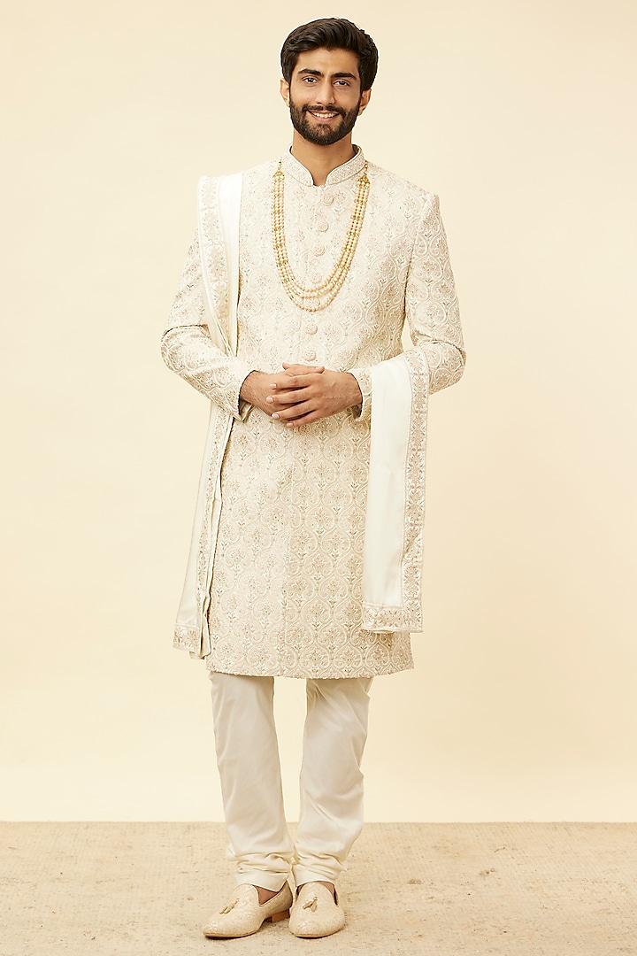 Cream Art Silk Embroidered Sherwani Set by Twamev