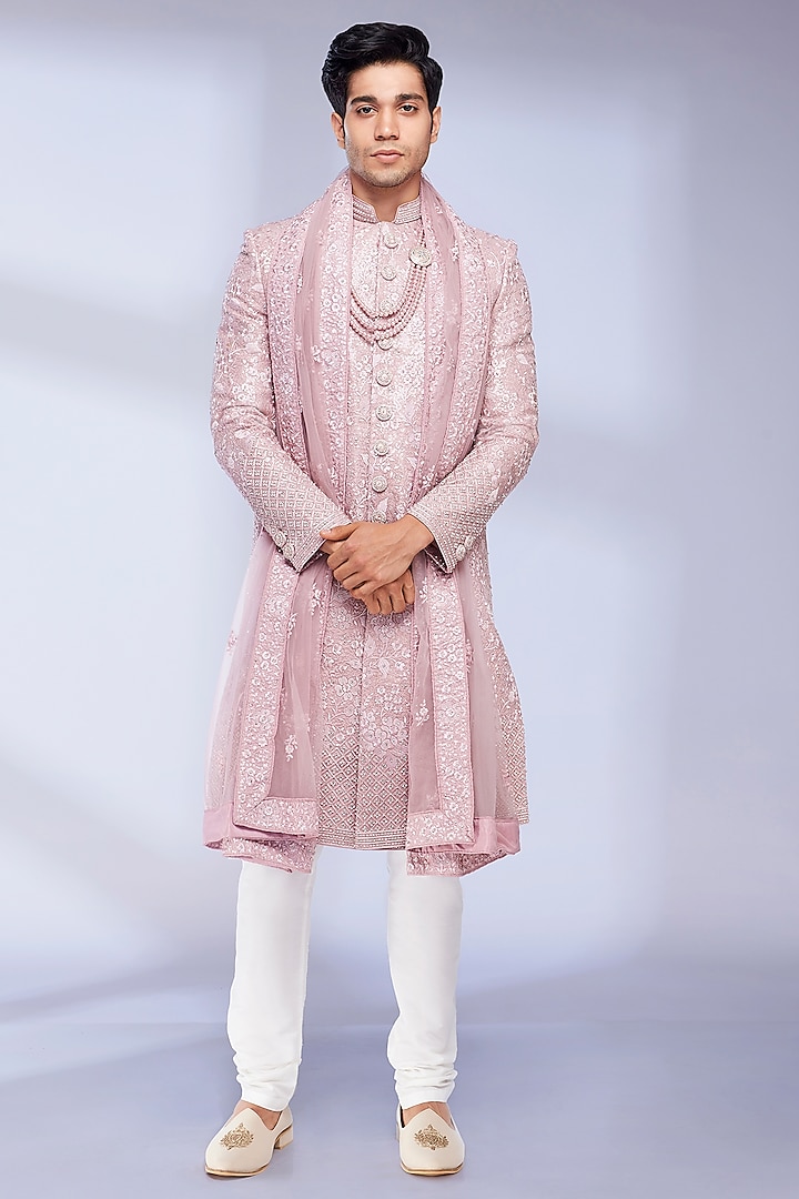 Dusty Pink Net Thread Embroidered Wedding Sherwani Set by Twamev at Pernia's Pop Up Shop