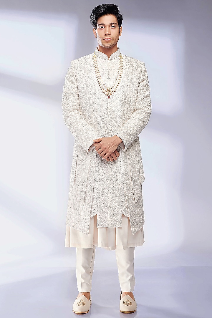 Cream Art Silk Embroidered Sherwani Set by Twamev