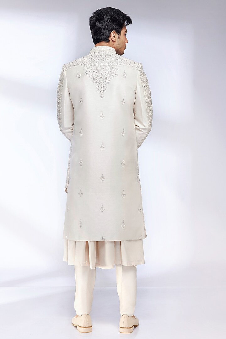 Cream Art Silk Embroidered Groom Sherwani Set by Twamev at Pernia's Pop Up Shop
