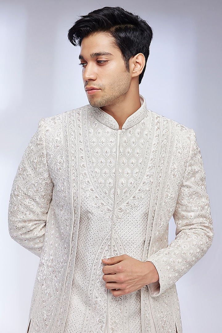 Cream Art Silk Embroidered Groom Sherwani Set by Twamev at Pernia's Pop Up Shop