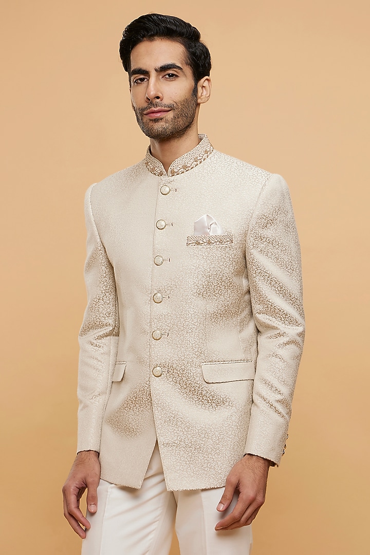 Cream Blended Rayon Hand Embroidered Jodhpuri Set by Twamev at Pernia's Pop Up Shop