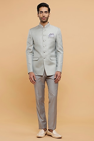 Grey Blended Rayon Hand Embroidered Jodhpuri Set by Twamev