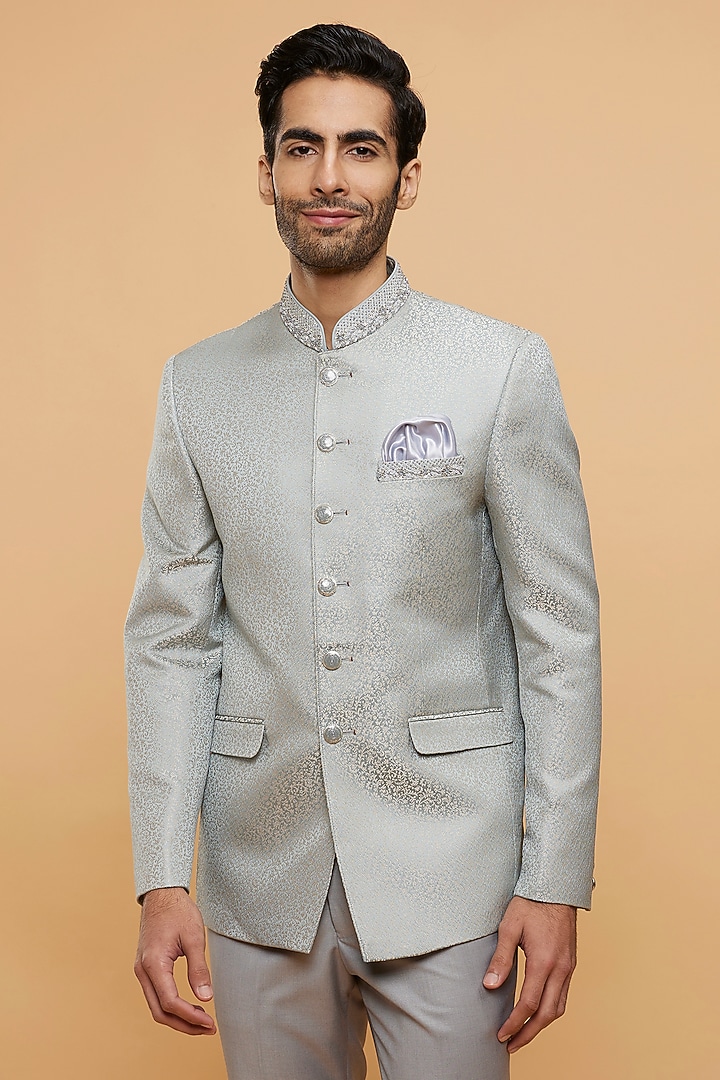 Grey Blended Rayon Hand Embroidered Jodhpuri Set by Twamev at Pernia's Pop Up Shop