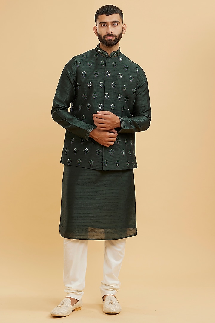 Bottle Green Art Silk Embroidered Nehru Jacket Set by Twamev