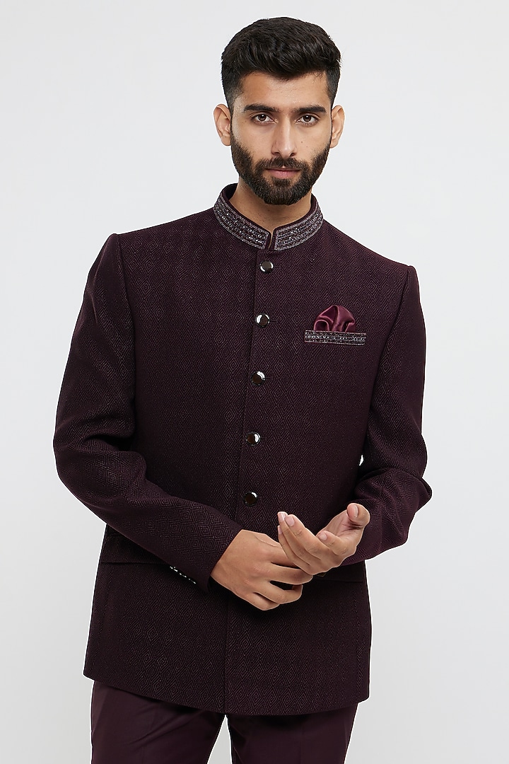 Wine Blended Rayon Hand Embroidered Jodhpuri Set by Twamev at Pernia's Pop Up Shop
