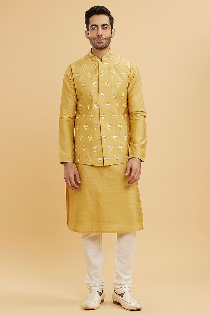 Yellow Art Silk Boota Embroidered Nehru Jacket Set by Twamev