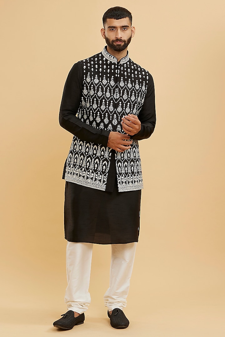 Black Art Silk Embroidered Nehru Jacket Set by Twamev