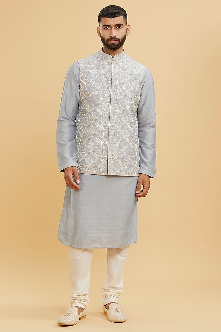 Grey Art Silk Thread Embroidered Nehru Jacket Set by Twamev