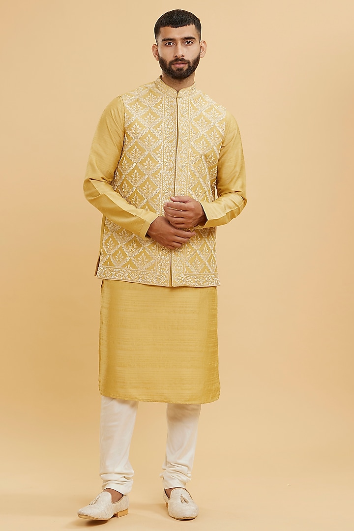 Yellow Art Silk Thread Embroidered Nehru Jacket Set by Twamev