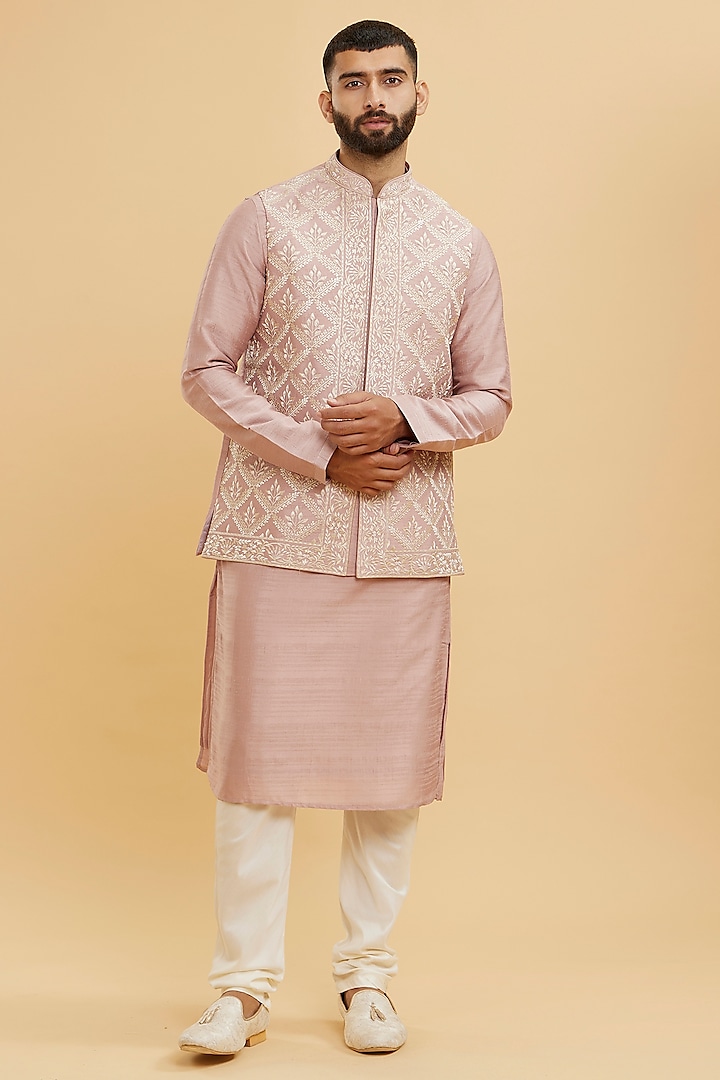 Pink Art Silk Thread Embroidered Nehru Jacket Set by Twamev