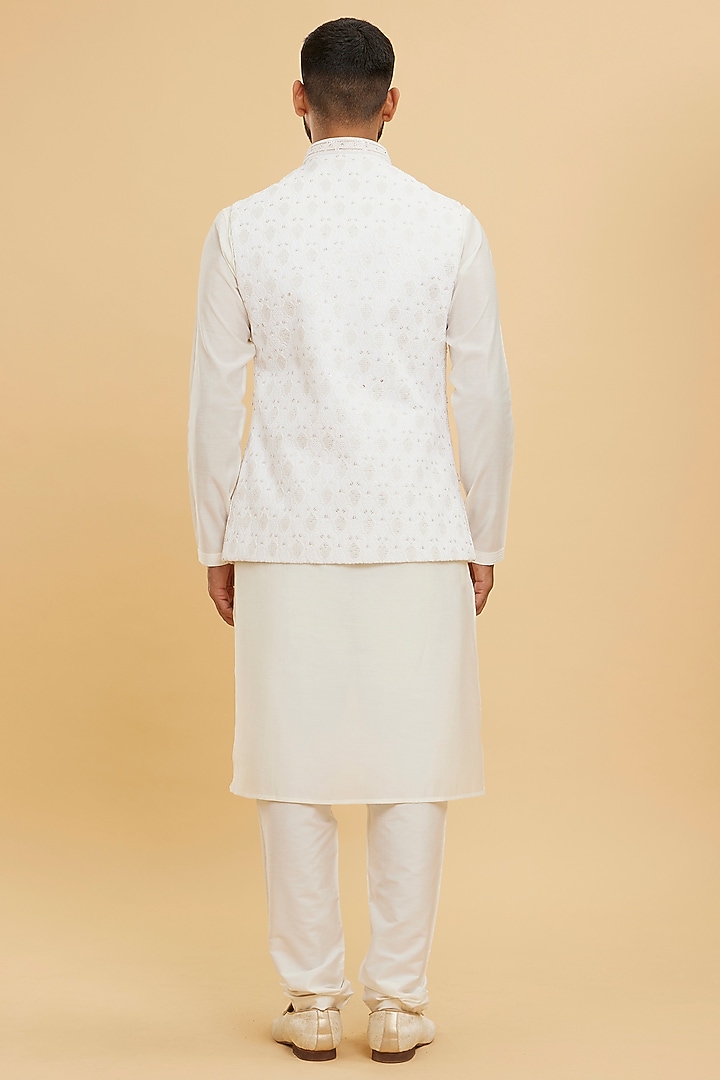 Cream Art Silk Thread Embroidered Nehru Jacket Set by Twamev at Pernia's Pop Up Shop