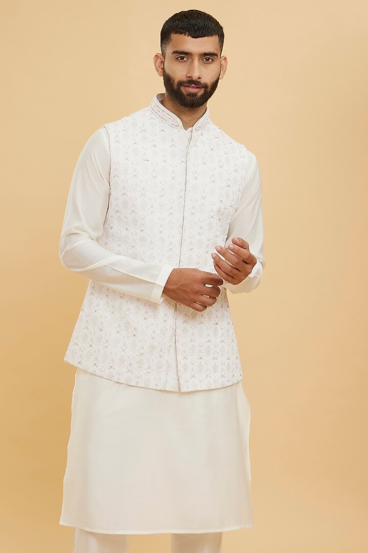 Cream Art Silk Thread Embroidered Nehru Jacket Set by Twamev at Pernia's Pop Up Shop