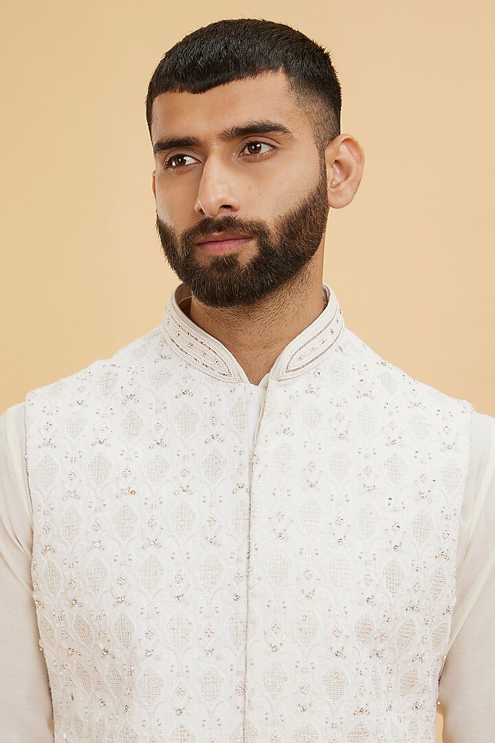 Cream Art Silk Thread Embroidered Nehru Jacket Set by Twamev at Pernia's Pop Up Shop