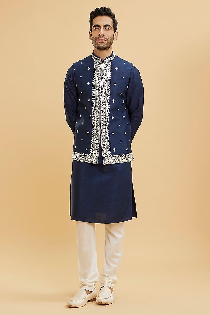 Navy Blue Art Silk Thread Embroidered Nehru Jacket Set by Twamev