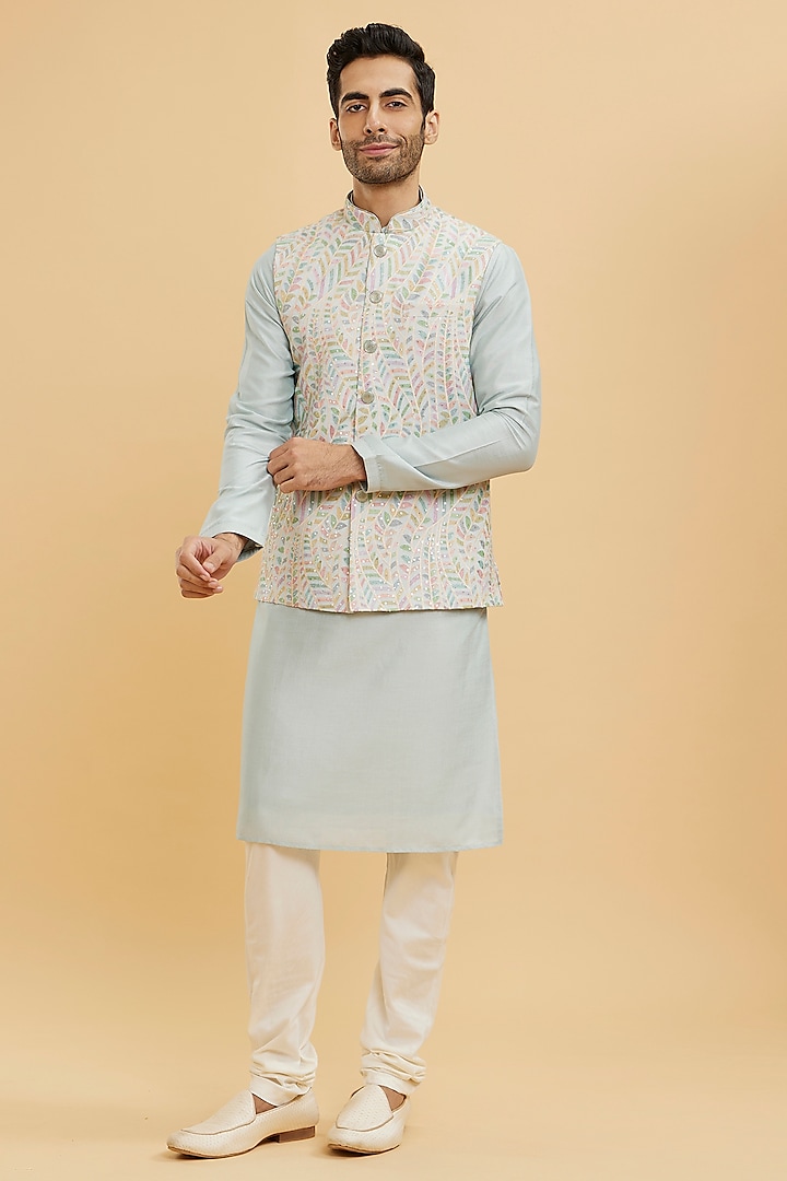 Ash Grey Art Silk Printed & Thread Embroidered Nehru Jacket Set by Twamev