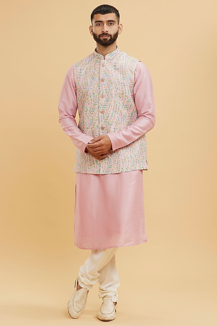 Dusty Pink Art Silk Printed & Thread Embroidered Nehru Jacket Set by Twamev