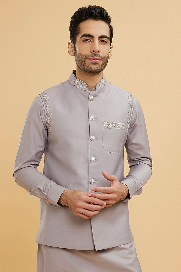 Grey Blended Rayon Hand Embroidered Bundi Jacket Set by Twamev at Pernia's Pop Up Shop