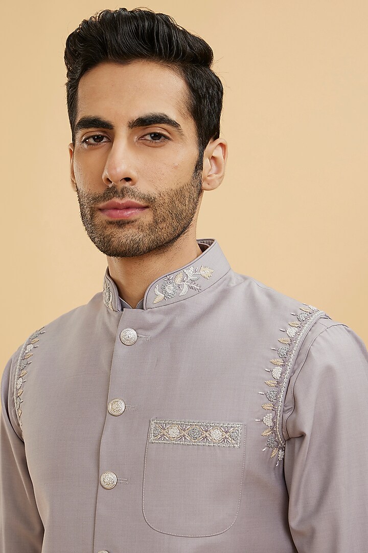Grey Blended Rayon Hand Embroidered Bundi Jacket Set by Twamev at Pernia's Pop Up Shop
