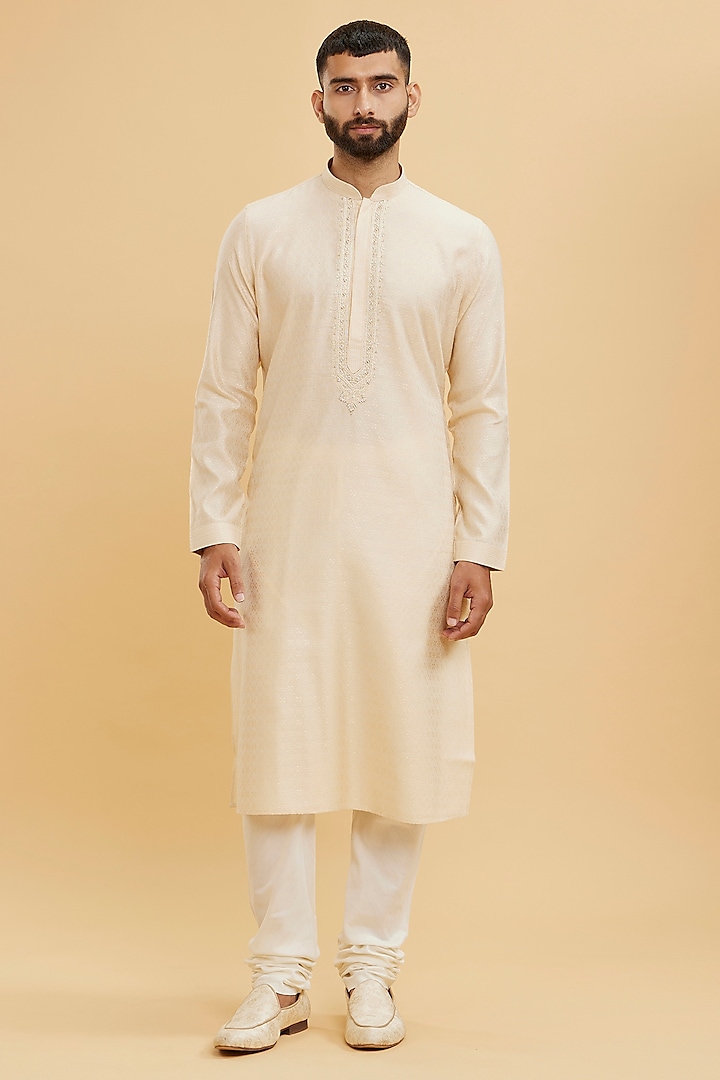 Beige Blended Viscose Hand Embroidered Kurta Set by Twamev