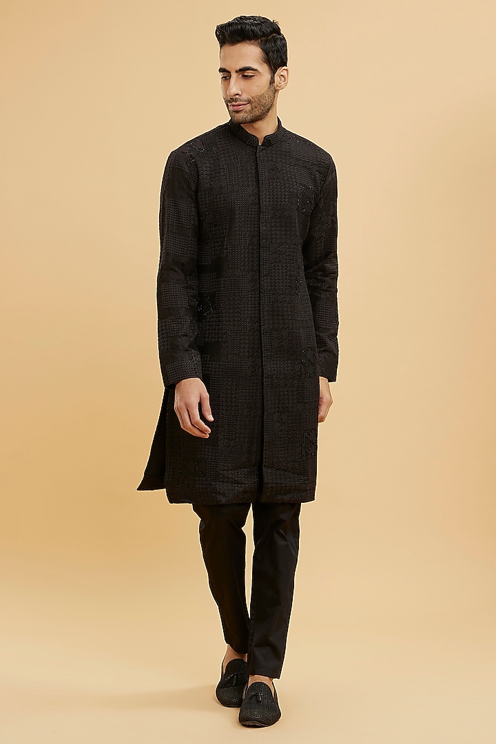 Black Blended Viscose Hand Embroidered Kurta Set by Twamev