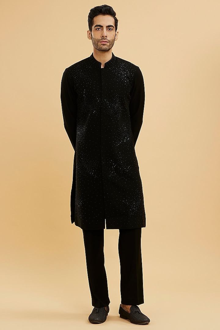 Black Blended Rayon Hand Embroidered Kurta Set by Twamev