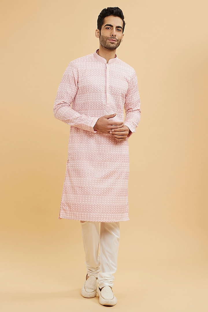 Pink Georgette Thread Embroidered Chikankari Kurta Set by Twamev