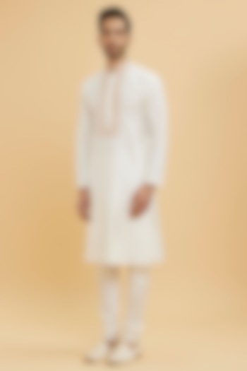 Warm White Blended Viscose Thread Embroidered Kurta Set by Twamev