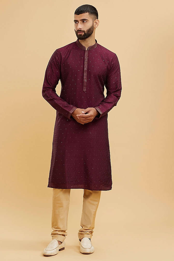 Wine Art Silk Thread Embroidered Kurta Set by Twamev