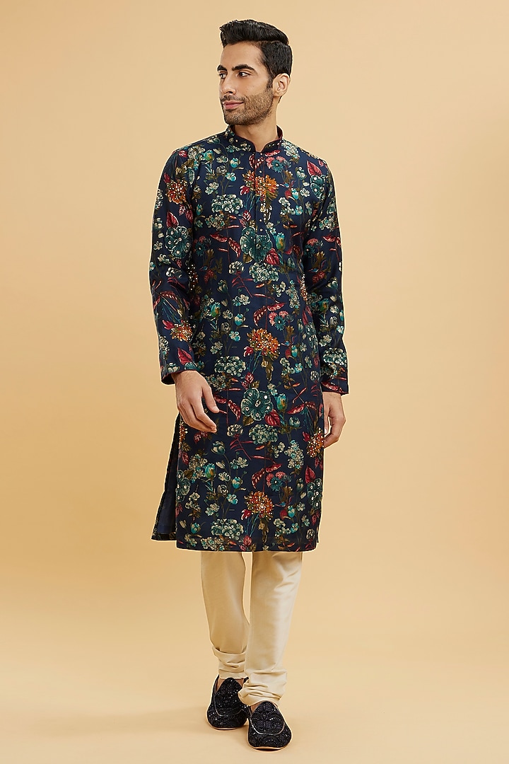 Blue Blended Viscose Printed & Sequins Work Kurta Set by Twamev