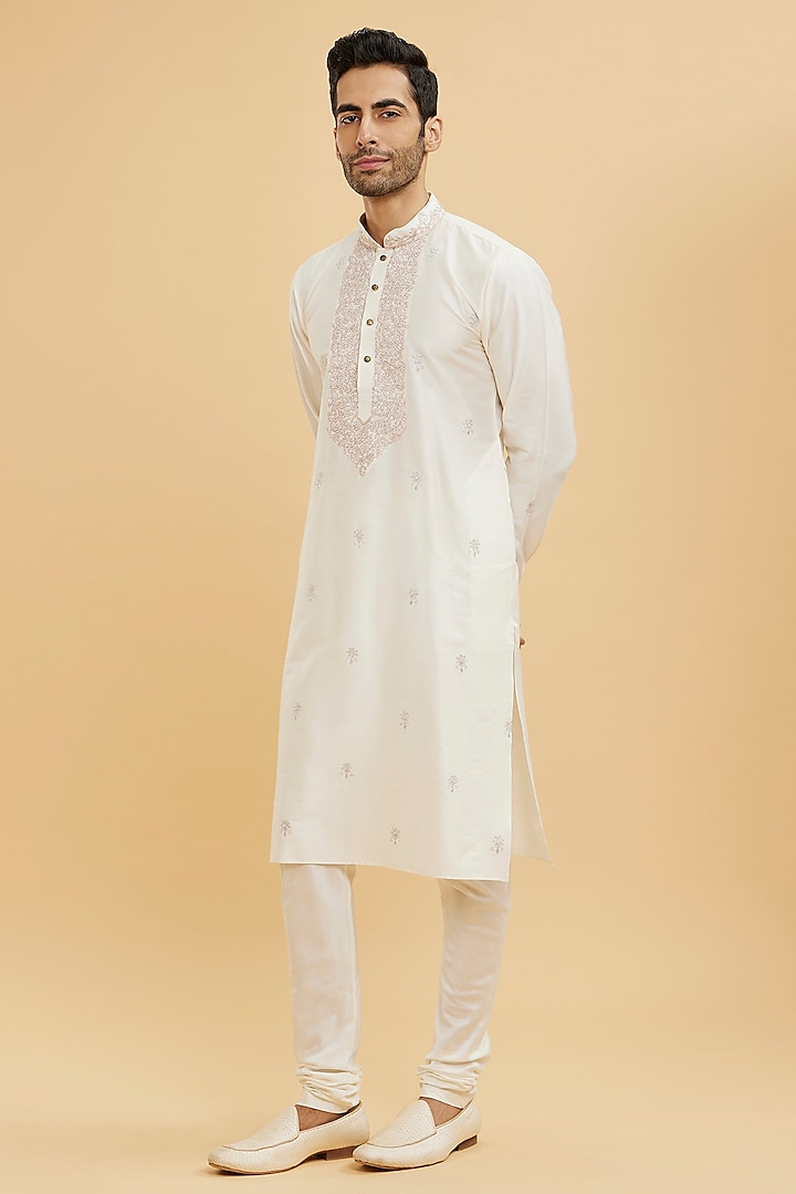 Cream Blended Viscose Thread Embroidered Kurta Set by Twamev