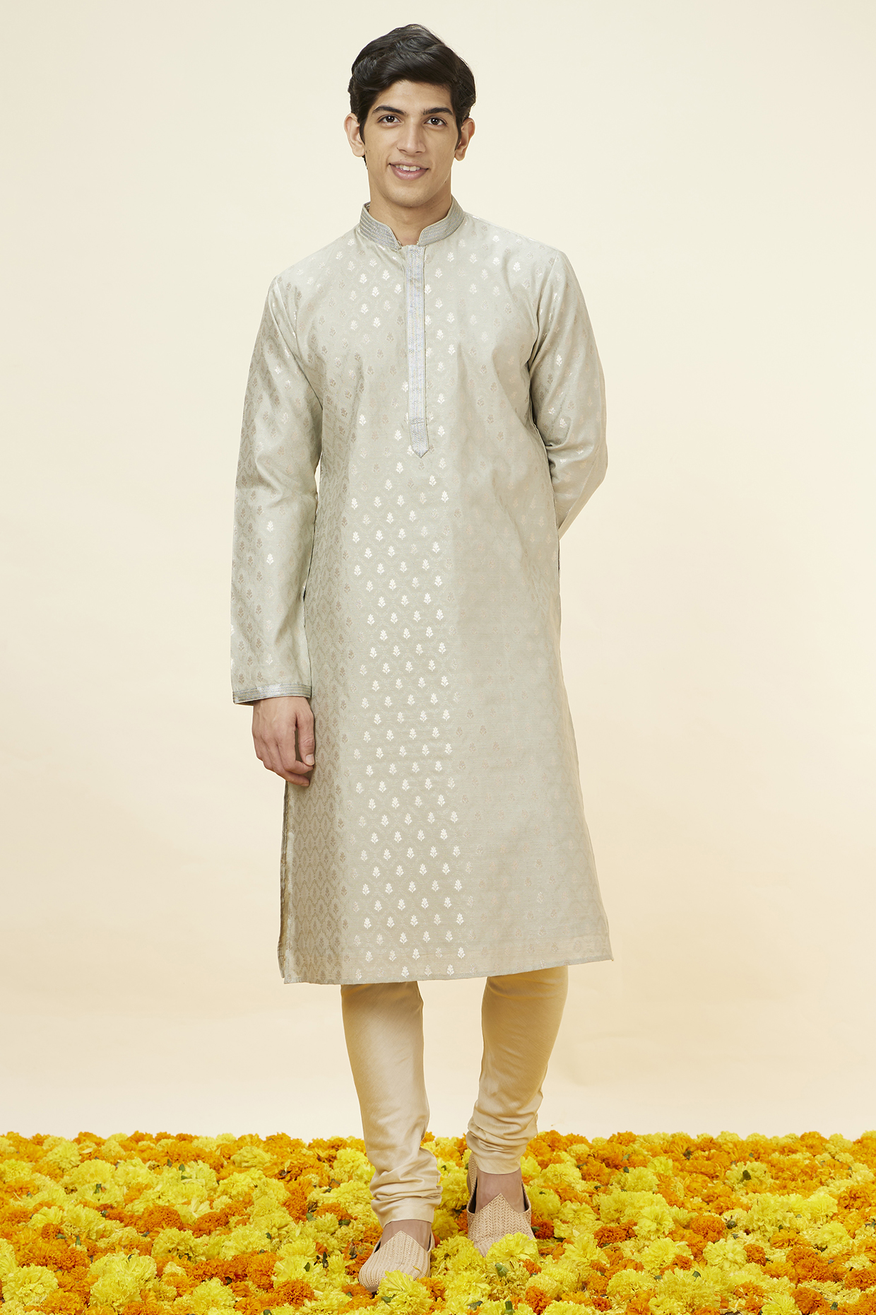 Steel Grey Art Silk Zari Embroidered Kurta Set by Twamev