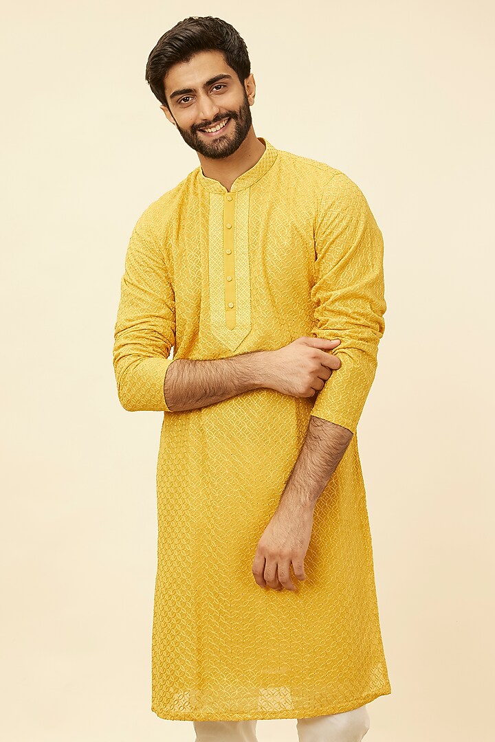 Mustard Georgette Embroidered Kurta Set by Twamev at Pernia's Pop Up Shop