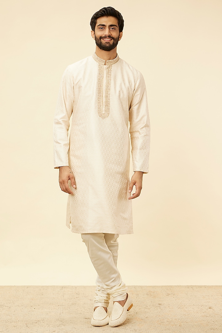 Cream Brocade Printed & Hand Embroidered Kurta Set by Twamev