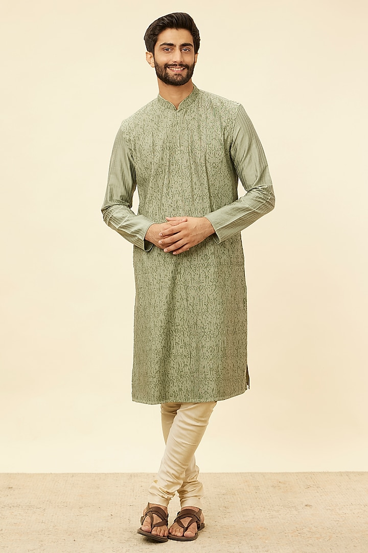 Green Blended Viscose Printed & Hand Embroidered Kurta Set by Twamev