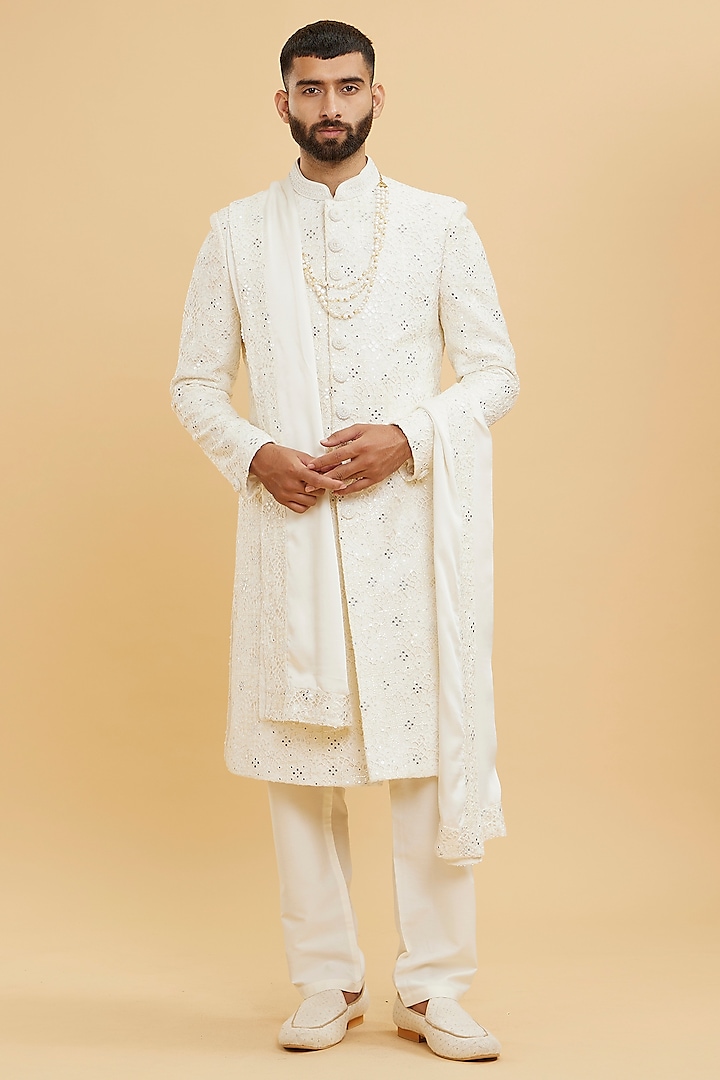 Cream Net Thread Embroidered Sherwani Set by Twamev