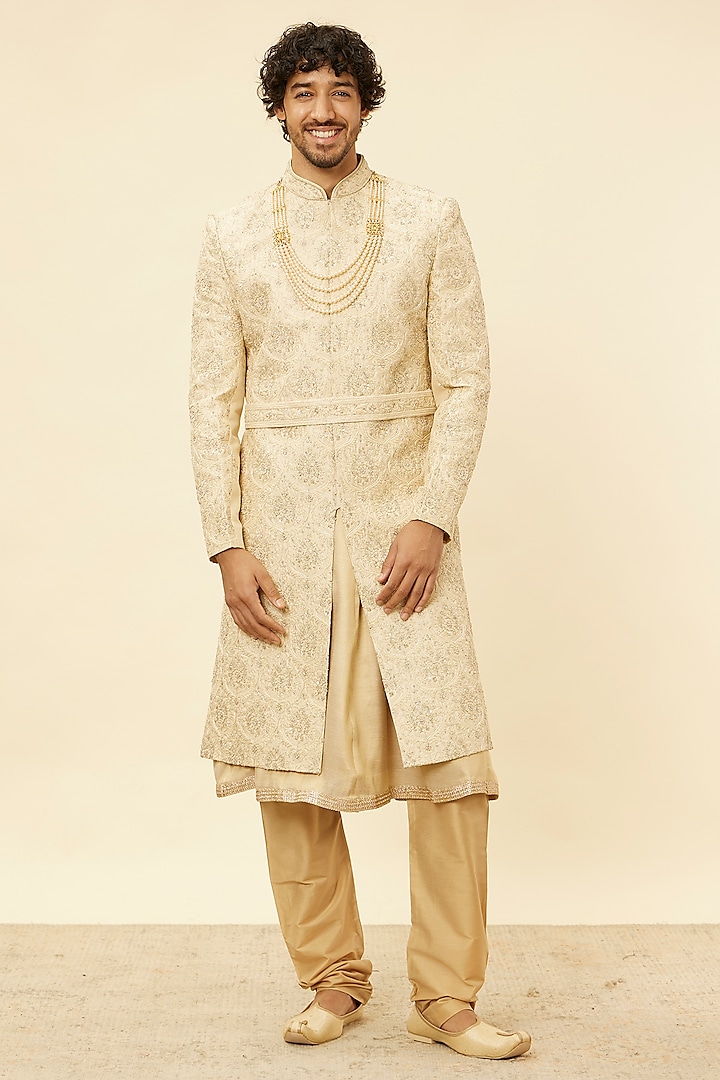 Beige Art Silk Hand Embroidered Sherwani Set by Twamev