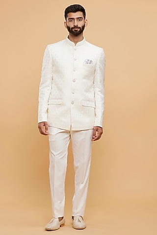 Cream Brocade Hand Embroidered Jodhpuri Set by Twamev