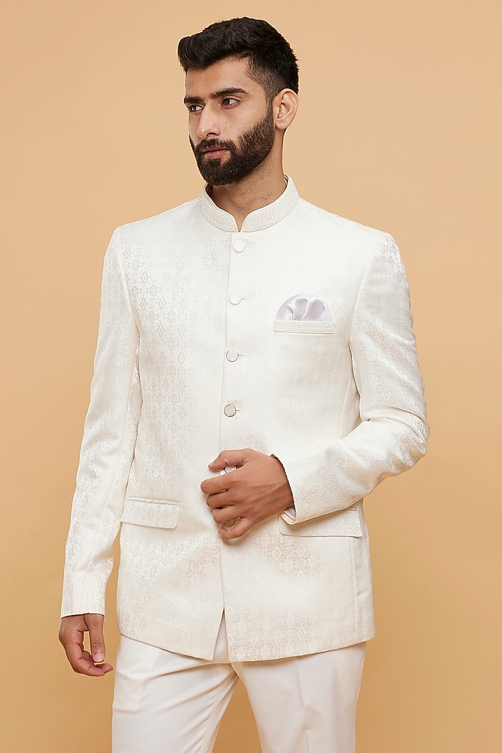 Cream Brocade Hand Embroidered Jodhpuri Set by Twamev at Pernia's Pop Up Shop