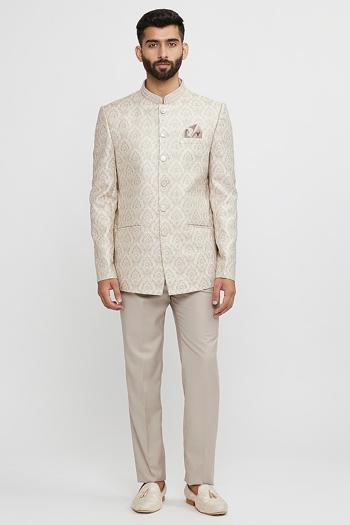 Beige Brocade Hand Embroidered Jodhpuri Set by Twamev