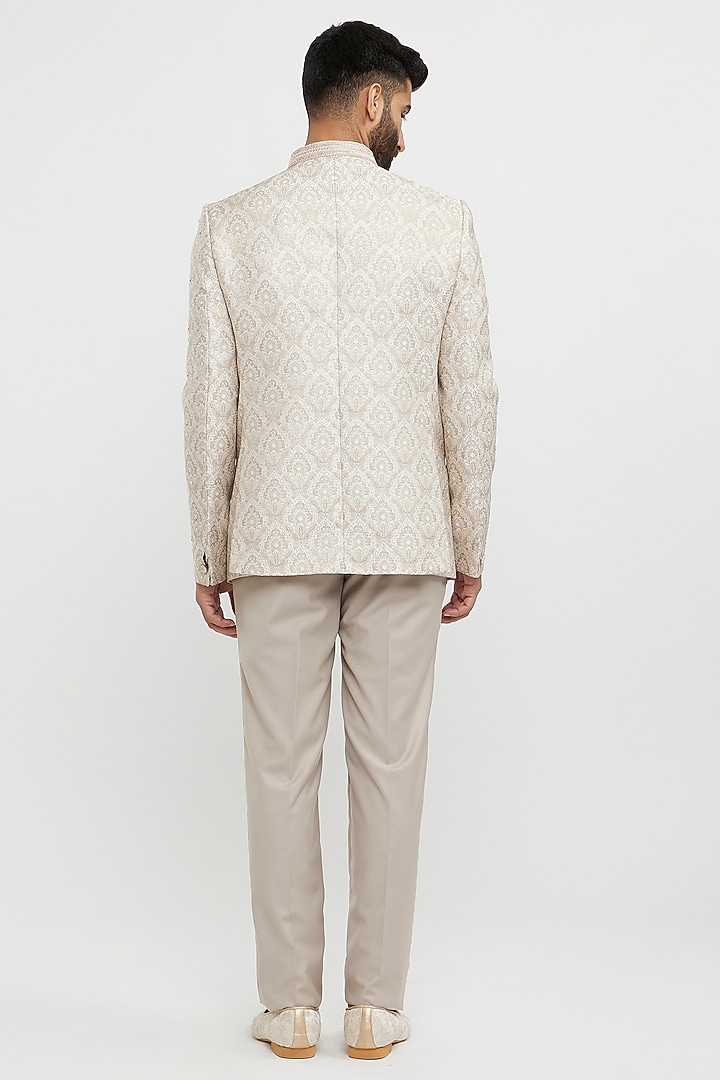 Beige Brocade Hand Embroidered Jodhpuri Set by Twamev at Pernia's Pop Up Shop