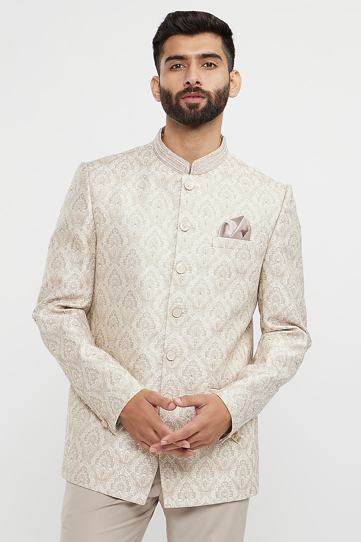 Beige Brocade Hand Embroidered Jodhpuri Set by Twamev at Pernia's Pop Up Shop