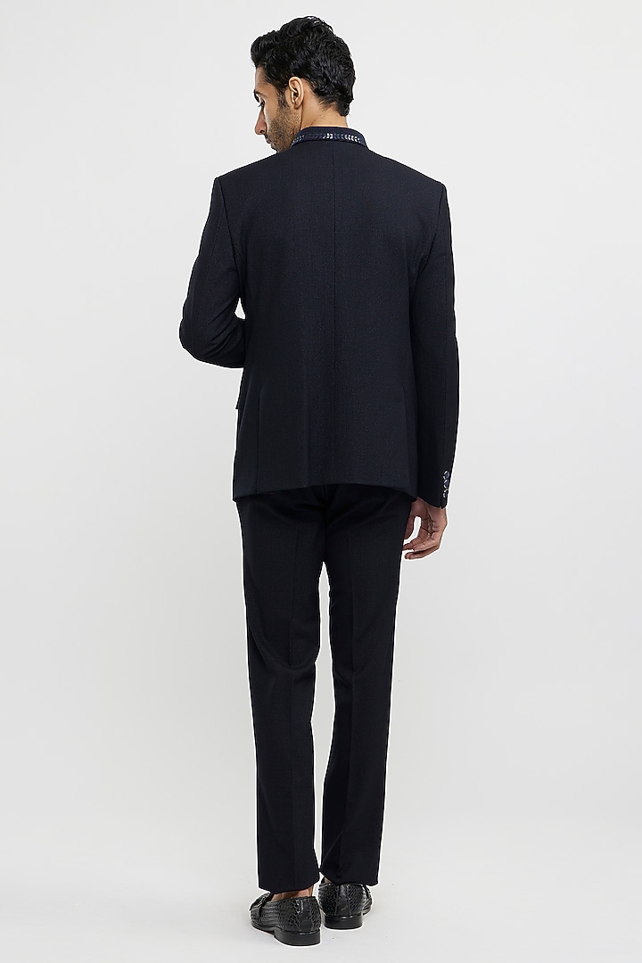 Dark Blue Blended Rayon Zardosi Hand Embroidered Jodhpuri Set by Twamev at Pernia's Pop Up Shop