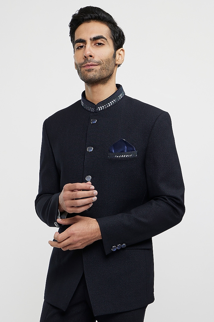 Dark Blue Blended Rayon Zardosi Hand Embroidered Jodhpuri Set by Twamev at Pernia's Pop Up Shop