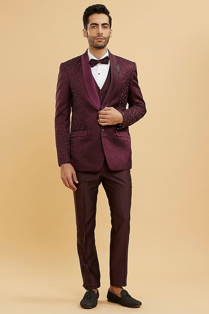 Wine Brocade Stone Embellished Blazer Set by Twamev