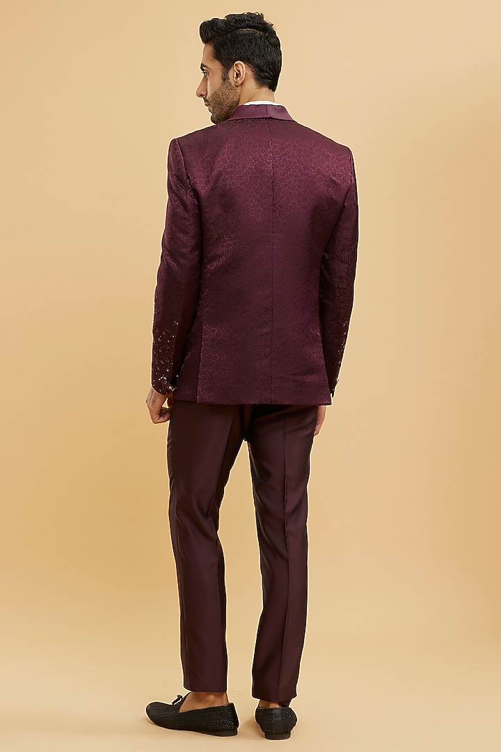 Wine Brocade Stone Embellished Blazer Set by Twamev at Pernia's Pop Up Shop