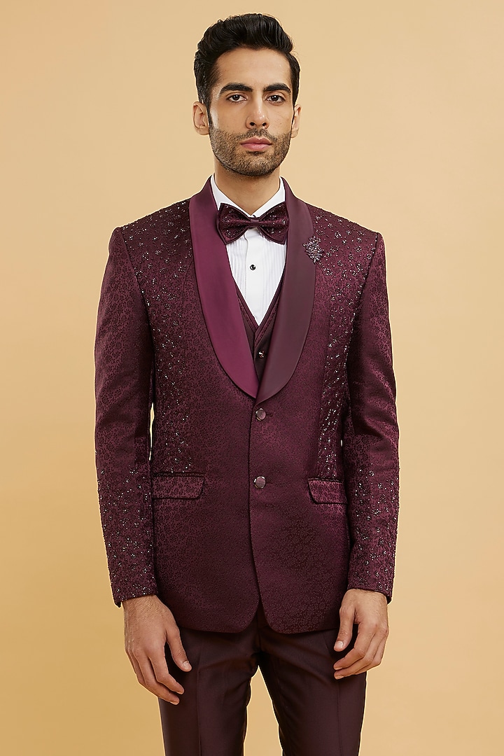 Wine Brocade Stone Embellished Blazer Set by Twamev at Pernia's Pop Up Shop