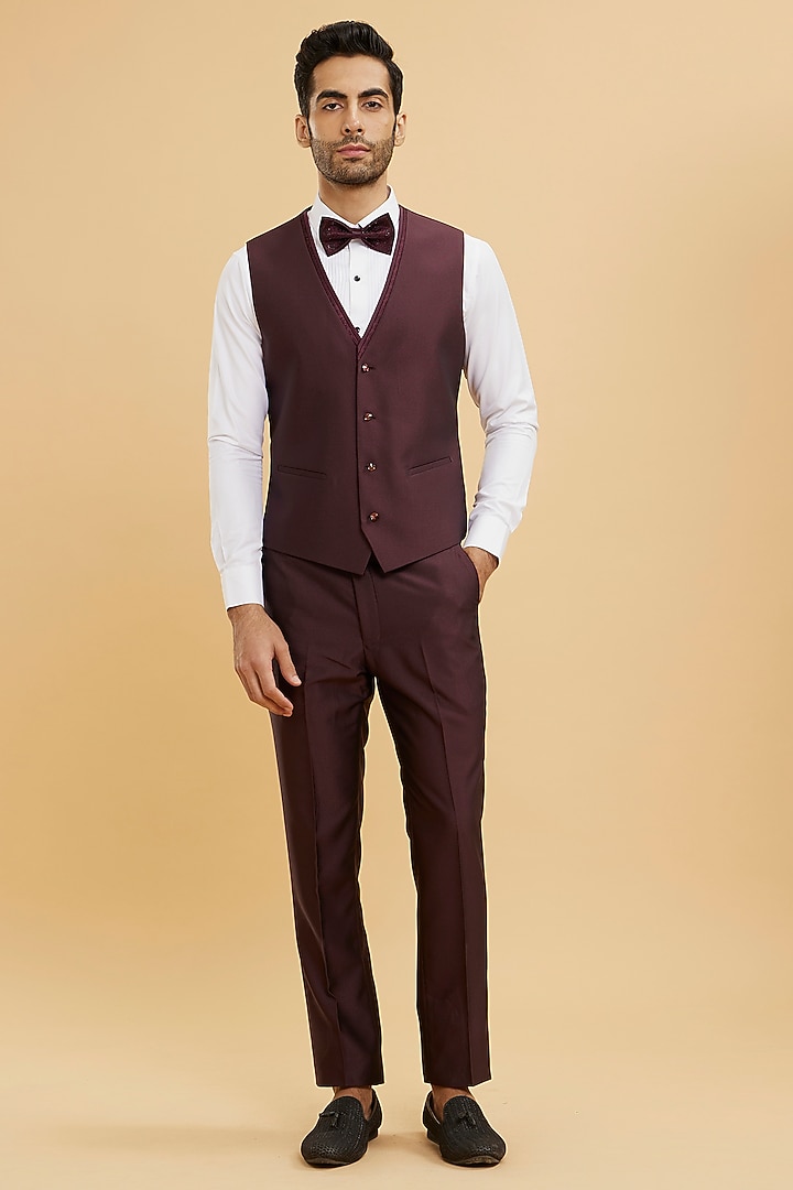 Wine Brocade Stone Embellished Blazer Set by Twamev at Pernia's Pop Up Shop