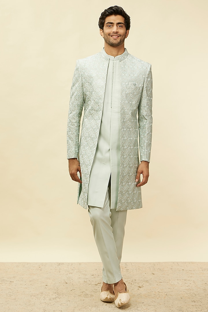 Light Blue Blended Viscose Indo-Western Set by Twamev at Pernia's Pop Up Shop
