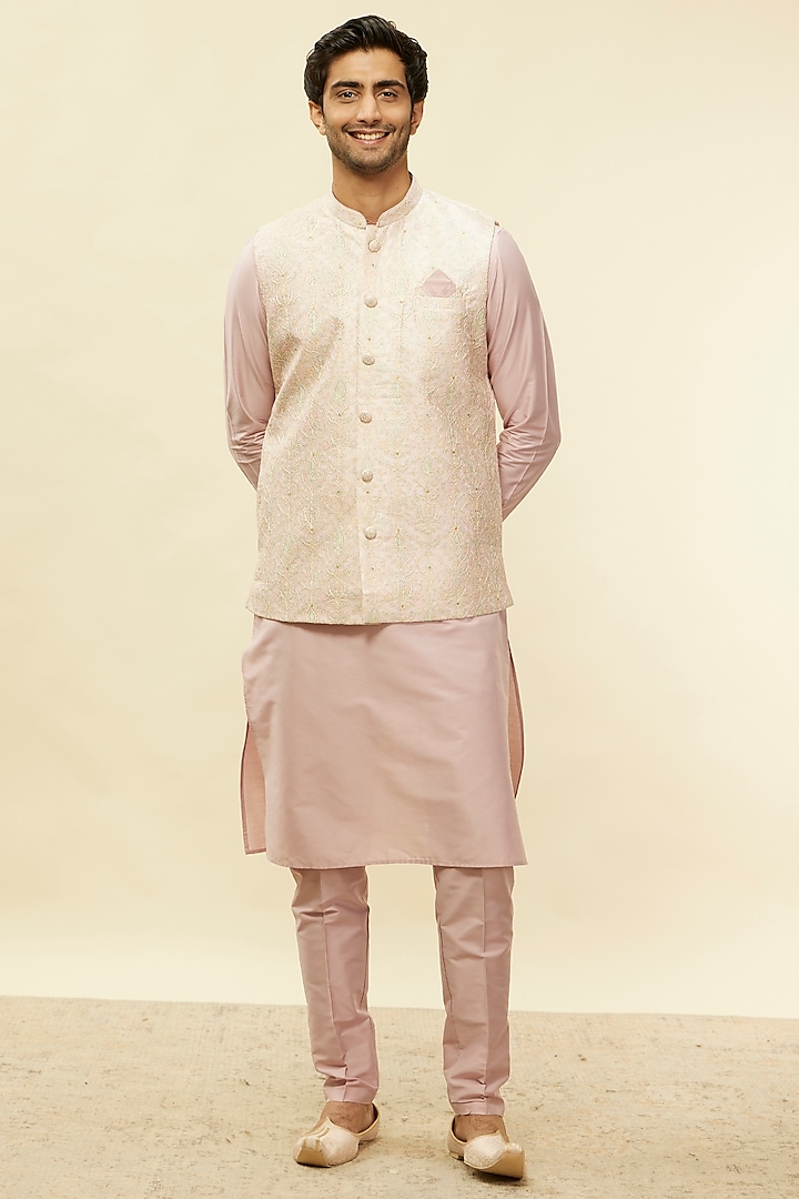 Pink Art Silk Embroidered Nehru Jacket Set by Twamev